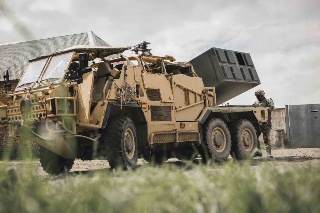Guided Multiple Launch Rocket System has been adapted to be mounted on a Jackal for ease of agility, deployed during operation Wessex Storm on Salisbury Plain Training Area.  Photo by Corporal Nathan Tanuku / UK MOD © Crown Copyright 2023, MOD News Licence.